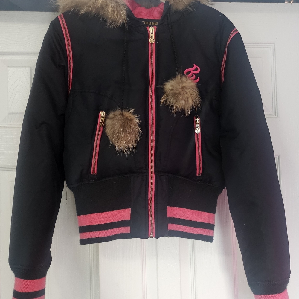 Super Cute Authentic Rocawear Black and Pink Bomber Style Jacket Fur Trim